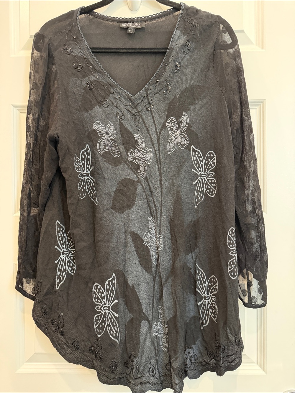 Greater Good Embroidered Black V-Neck Tunic with Semi Sheer Sleeves